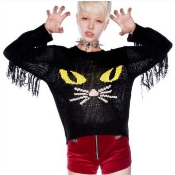 UNIF BLACK KNIT FRINGE DETAIL MEOW EVIL KITTY CAT SWEATER GOTH WITCHY WEDNESDAY - Picture 6 of 11